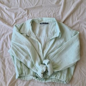 PASTEL GREEN CROPPED BUTTON UP WITH ELASTIC WAISTBAND
